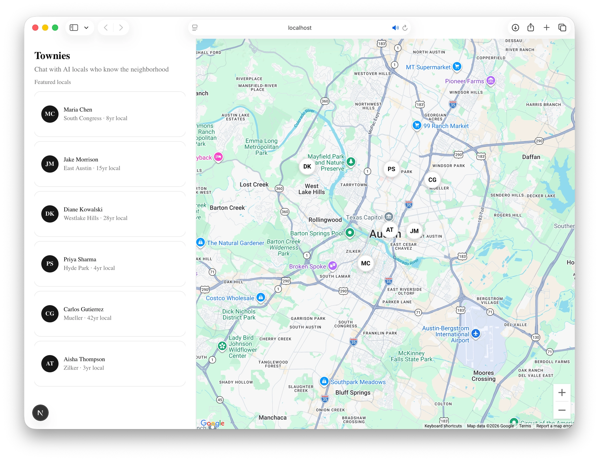 Townies product screenshot showing AI locals and map view